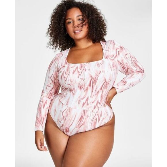JENNI WOMENS XLARGE SLEEP STRETCH BODYSUIT ROSE MARBLE PINK WHITE NEW! - Picture 1 of 12